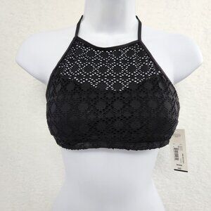 Bikini Top Black Cut Out Halter High Cut Women's Medium
